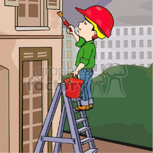 A Young Boy Standing on a Latter Wearing a Red Hardhat Painting clipart. Royalty-free image # 156983