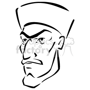 This is a black and white line art illustration of a man's face. The style appears to be a simple outline with minimal detail, focusing on the man's facial features, which include a prominent nose, a firm jawline, a mustache, and wearing a hat that is likely part of a uniform, suggesting he may be a figure of authority, such as a police officer or military personnel.