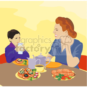 Mother and son eating breakfast clipart.