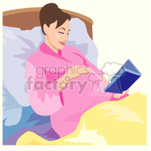 A pregnant woman reading a book laid in the bed