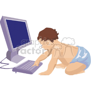 A Small Baby In a Diaper Playing on a Computer clipart. Commercial use image # 158621