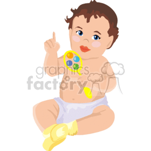 Baby in a diaper holding a rattle