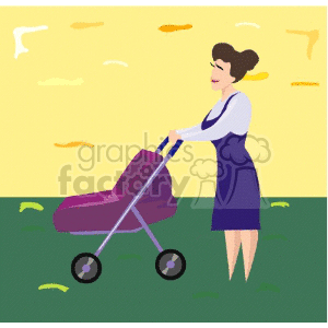 clipart - A woman in a blue dress pushing a baby stroller.