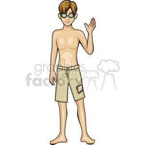 Boy in sunglasses and shorts waving 