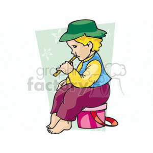 A little boy sitting on a drum playing a wind instrument clipart.
