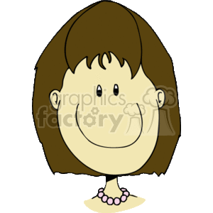 The clipart image features a cartoon of a happy young girl. The girl has a wide smile, a simplistic representation with a small upturned nose, dot eyes, and short, neat hair. She appears to be wearing a necklace with multiple pink beads.