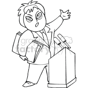 In the clipart image, there is a cartoon figure representing a politician giving a speech. The character is standing at a podium with microphones and is gesturing with one hand while holding some papers or documents in the other. The politician is depicted in a professional suit.
