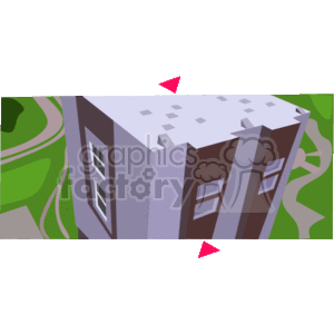 The image is a clipart representation of a tall, multi-story building that appears to be commercial real estate. The building is illustrated from a perspective that makes it seem towering. The surrounding area implies a green landscape with winding paths or roads. The image does not contain any visible people or realtors.