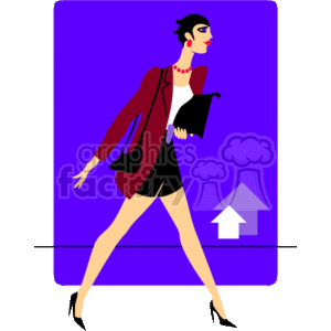 The image features a stylized clipart of a female realtor on the move. She is depicted in a professional attire with a red jacket, a black skirt, and high heels, carrying a folder or portfolio. In the background, there's a simple representation of a house with an upward arrow, possibly symbolizing housing growth, real estate market, or the concept of moving up in the real estate industry.