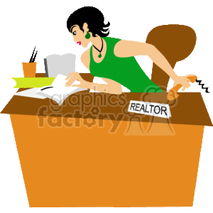 The image is a clipart depicting a person working as a realtor. The individual is seated at a desk with a placard that reads REALTOR. They are leaning over, busy writing or reviewing documents, and there is a beverage on the desk, suggesting they might be working through a break or are deeply engaged in their tasks.
