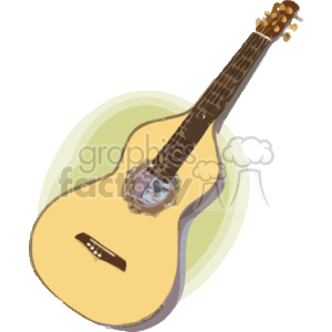 This is a clipart image of a ukulele, which is a stringed instrument associated with Hawaiian music. The ukulele in the image has a light-colored body, a dark fretboard, and Hawaiian-themed decorations around the sound hole.