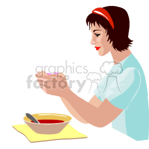 The clipart image features a woman sitting at a table with her hands together in a gesture that could be interpreted as praying. In front of her, there is a bowl of soup on a napkin or mat and a spoon laying beside it. The woman appears to be in a moment of reflection or saying a prayer before starting her meal.