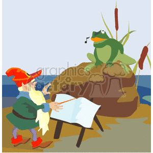 a gnome teaching a frog how to sing clipart.