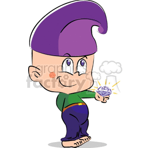 gnome wearing green and blue with purple hat holding a purple hat clipart.