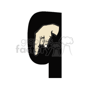 The image is a graphical representation of the letter 'Q' from the American Sign Language (ASL) alphabet. The image illustrates a hand making the sign for the letter 'Q,' with the hand positioned against a dark letter 'Q' background.