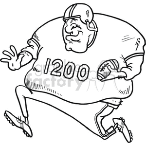 The clipart image depicts a cartoon of an American football player. The player is wearing a helmet, jersey with the number 1200, pants, and cleats. He’s also holding an American football in one hand and appears to be in motion or running. There are no specific team markings or logos, indicating that it's a generic representation of a football player and not a specific NFL team or player.