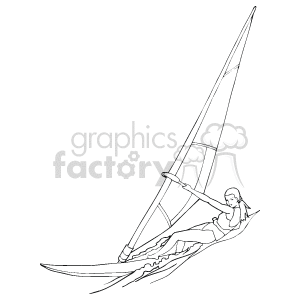 The clipart image depicts a person windsurfing. They are on a surfboard equipped with a sail, leaning back and using the wind to propel themselves on the water. There are waves indicated beneath the board, signifying movement and action associated with the sport of windsurfing.