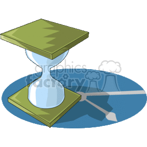The clipart image displays a classic hourglass with sand gathered in the lower bulb, indicating the passage of time. The hourglass is set on what appears to be a reflective surface, casting a shadow to the right.