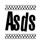 The clipart image displays the text Asds in a bold, stylized font. It is enclosed in a rectangular border with a checkerboard pattern running below and above the text, similar to a finish line in racing. 