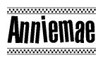 The clipart image displays the text Anniemae in a bold, stylized font. It is enclosed in a rectangular border with a checkerboard pattern running below and above the text, similar to a finish line in racing. 