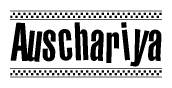 The image is a black and white clipart of the text Auschariya in a bold, italicized font. The text is bordered by a dotted line on the top and bottom, and there are checkered flags positioned at both ends of the text, usually associated with racing or finishing lines.