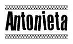 The clipart image displays the text Antonieta in a bold, stylized font. It is enclosed in a rectangular border with a checkerboard pattern running below and above the text, similar to a finish line in racing. 