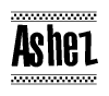 The clipart image displays the text Ashez in a bold, stylized font. It is enclosed in a rectangular border with a checkerboard pattern running below and above the text, similar to a finish line in racing. 