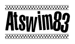The image is a black and white clipart of the text Atswim83 in a bold, italicized font. The text is bordered by a dotted line on the top and bottom, and there are checkered flags positioned at both ends of the text, usually associated with racing or finishing lines.