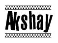 The image contains the text Akshay in a bold, stylized font, with a checkered flag pattern bordering the top and bottom of the text.