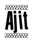 The image contains the text Ajit in a bold, stylized font, with a checkered flag pattern bordering the top and bottom of the text.