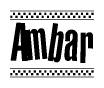 The image is a black and white clipart of the text Ambar in a bold, italicized font. The text is bordered by a dotted line on the top and bottom, and there are checkered flags positioned at both ends of the text, usually associated with racing or finishing lines.