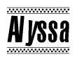 The image is a black and white clipart of the text Alyssa in a bold, italicized font. The text is bordered by a dotted line on the top and bottom, and there are checkered flags positioned at both ends of the text, usually associated with racing or finishing lines.