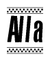 The image contains the text Alla in a bold, stylized font, with a checkered flag pattern bordering the top and bottom of the text.
