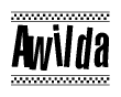 The clipart image displays the text Awilda in a bold, stylized font. It is enclosed in a rectangular border with a checkerboard pattern running below and above the text, similar to a finish line in racing. 
