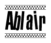The clipart image displays the text Ablair in a bold, stylized font. It is enclosed in a rectangular border with a checkerboard pattern running below and above the text, similar to a finish line in racing. 