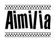 The image contains the text Aimilia in a bold, stylized font, with a checkered flag pattern bordering the top and bottom of the text.