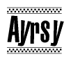 The image contains the text Ayrsy in a bold, stylized font, with a checkered flag pattern bordering the top and bottom of the text.