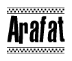 The image contains the text Arafat in a bold, stylized font, with a checkered flag pattern bordering the top and bottom of the text.
