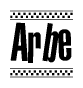 The image contains the text Arbe in a bold, stylized font, with a checkered flag pattern bordering the top and bottom of the text.