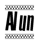The clipart image displays the text Alun in a bold, stylized font. It is enclosed in a rectangular border with a checkerboard pattern running below and above the text, similar to a finish line in racing. 