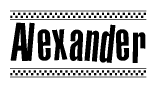 The image is a black and white clipart of the text Alexander in a bold, italicized font. The text is bordered by a dotted line on the top and bottom, and there are checkered flags positioned at both ends of the text, usually associated with racing or finishing lines.