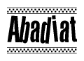 The clipart image displays the text Abadiat in a bold, stylized font. It is enclosed in a rectangular border with a checkerboard pattern running below and above the text, similar to a finish line in racing. 