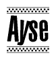 The clipart image displays the text Ayse in a bold, stylized font. It is enclosed in a rectangular border with a checkerboard pattern running below and above the text, similar to a finish line in racing. 