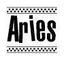 The clipart image displays the text Aries in a bold, stylized font. It is enclosed in a rectangular border with a checkerboard pattern running below and above the text, similar to a finish line in racing. 