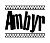 The image contains the text Ambyr in a bold, stylized font, with a checkered flag pattern bordering the top and bottom of the text.