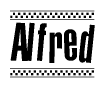 The image is a black and white clipart of the text Alfred in a bold, italicized font. The text is bordered by a dotted line on the top and bottom, and there are checkered flags positioned at both ends of the text, usually associated with racing or finishing lines.