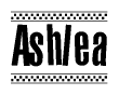 The image contains the text Ashlea in a bold, stylized font, with a checkered flag pattern bordering the top and bottom of the text.