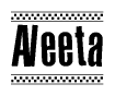 The image is a black and white clipart of the text Aleeta in a bold, italicized font. The text is bordered by a dotted line on the top and bottom, and there are checkered flags positioned at both ends of the text, usually associated with racing or finishing lines.
