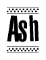 The image contains the text Ash in a bold, stylized font, with a checkered flag pattern bordering the top and bottom of the text.