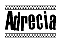 The image contains the text Adrecia in a bold, stylized font, with a checkered flag pattern bordering the top and bottom of the text.